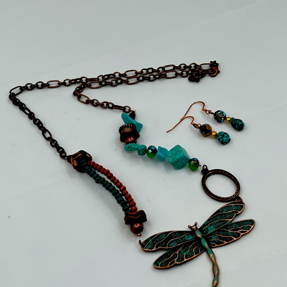 Handcrafted Dragonfly Beaded 24” Necklace With Matching Earrings